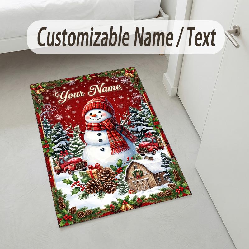 Christmas Theme Crystal Velvet Rug Personalized Custom Name Text Soft Floor Mat Home Decor