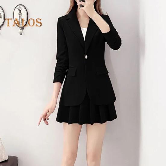 2Pcs/Set Coat Skirt Set Women Spring Autumn Lapel Long Sleeve Single Button Suit Coat Pleated Mini Skirt Set Solid Color Set