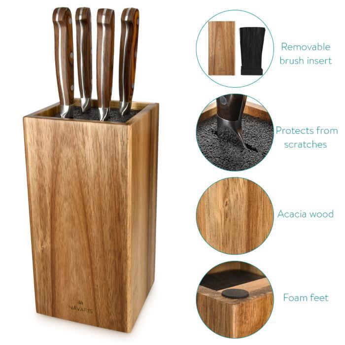 Bloc de rangement à couteaux - navaris - acacia - 24 x 12 x 12 cm - antidérapant - design contemporain