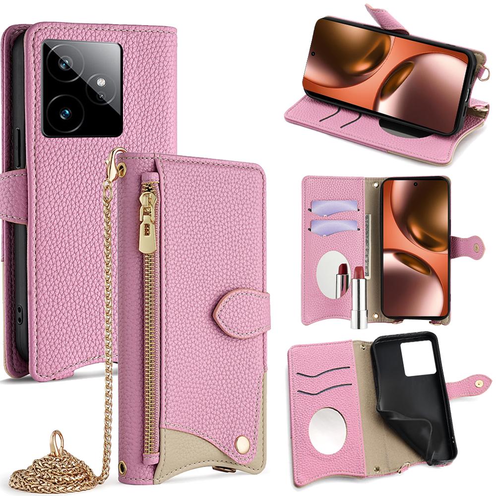 Für Realme GT 7 5G Lederhülle Brieftasche Ständerabdeckung Unregelmäßiger Schwanzstil mit Kettentragegurt
