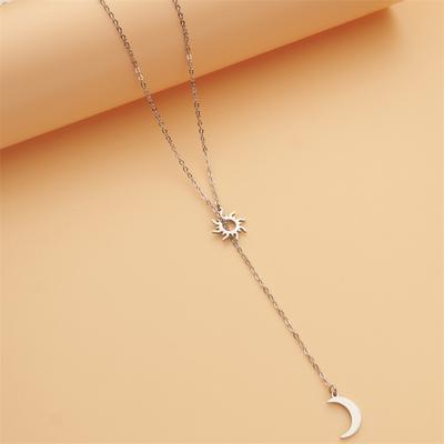 Female Stainless Steel Simple Collarbone Chain, Sun And Moon Long Necklace