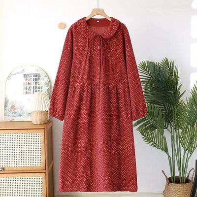 2026 Neues Frühjahrs- und Herbst-Damen-Schlafkleid 100% Baumwolle Krepp Rot Große Größe Langarm Haus-Schlafkleid Prinzessinnenkleid