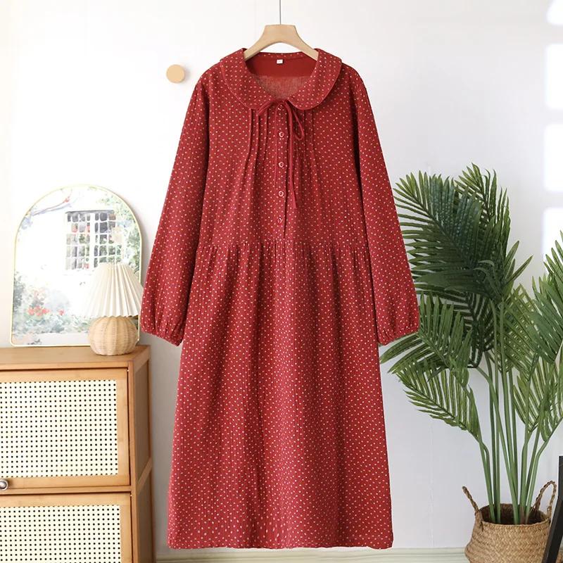 2026 New Spring and Autumn Women's Sleeping Skirt 100%Cotton Crepe Red Large Size Long Sleeve Home Sleeping Skirt Princess Skirt