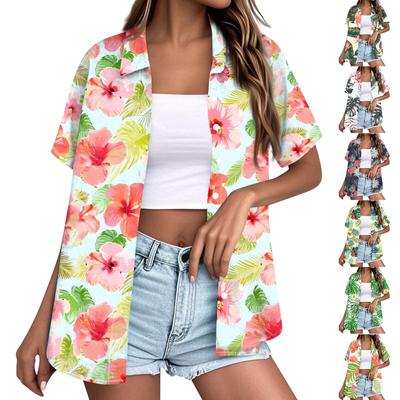 Kadın Modası Günlük Hawaii Baskılı Kısa Kollu Düğmeli Yakalı Bluz Üst