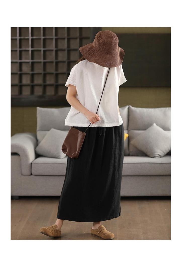 Damen Plus Size Weißes Leinen Sommerhemd - Japanischer Retro, Einfacher Luxus