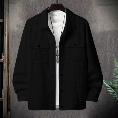 Yousheng Men Coat Lapel Long Sleeve Solid Color Jacket with Small Square Decoration Loose Fit Single Breasted Outerwear