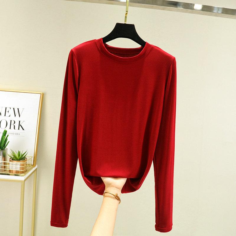 Women's Crew Neck Long Sleeve Tee Slim Fit Commuter Casual Top Solid Color Modal Fabric Stretchy Basic Layering Shirt For Autumn Daily Inner Wear