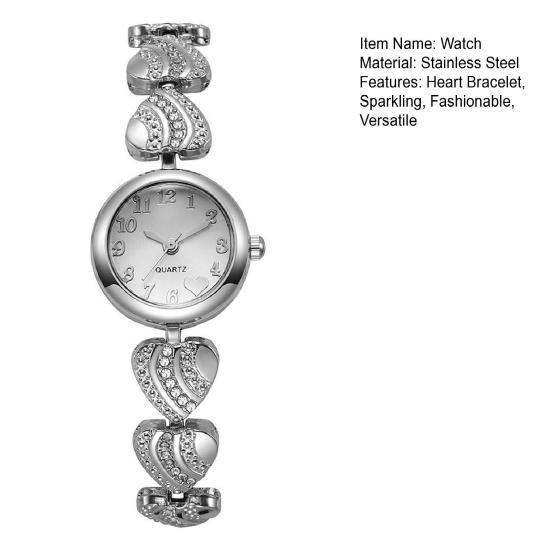 Women Heart Bracelet Watch Rhinestone Quartz Wristwatch Round Dial Elegant Watch for Party Casual Formal Wear
