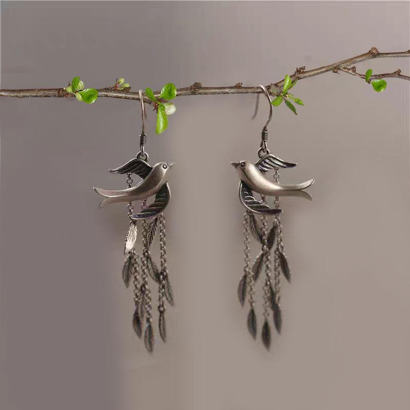 Swallow Willow Leaf Earrings High-End Tassel Long Earrings Women'S Literary Retro Temperament Earrings