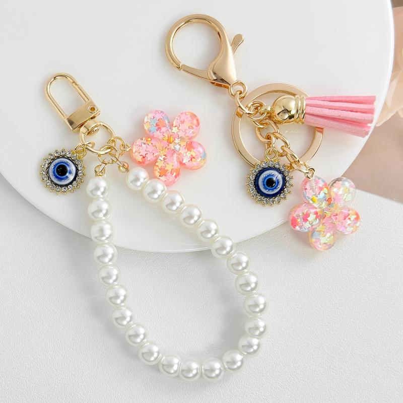 Pink Love Heart Key Chain Pearl Flower Pendant Key Ring Pendants For Women Girls Handbag Decor Jewelry Gift