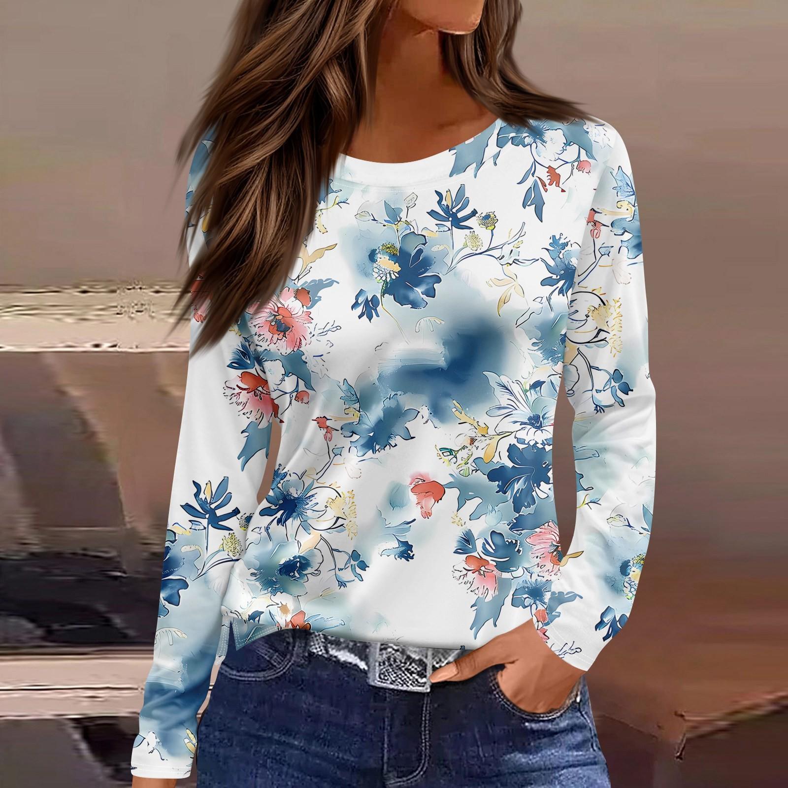 

Женская модная повседневная свободная футболка с принтом и круглым вырезом с разрезом и длинным рукавом, женский топ XL небесно-голубой