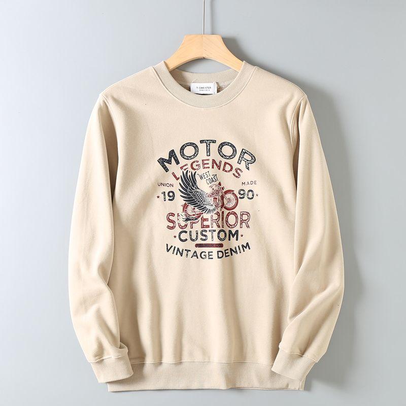Men's Casual Printed Versatile Round-Neck Long-Sleeve Pullover Sweatshirt with Fleece Lining for Autumn and Winter, Export Surplus