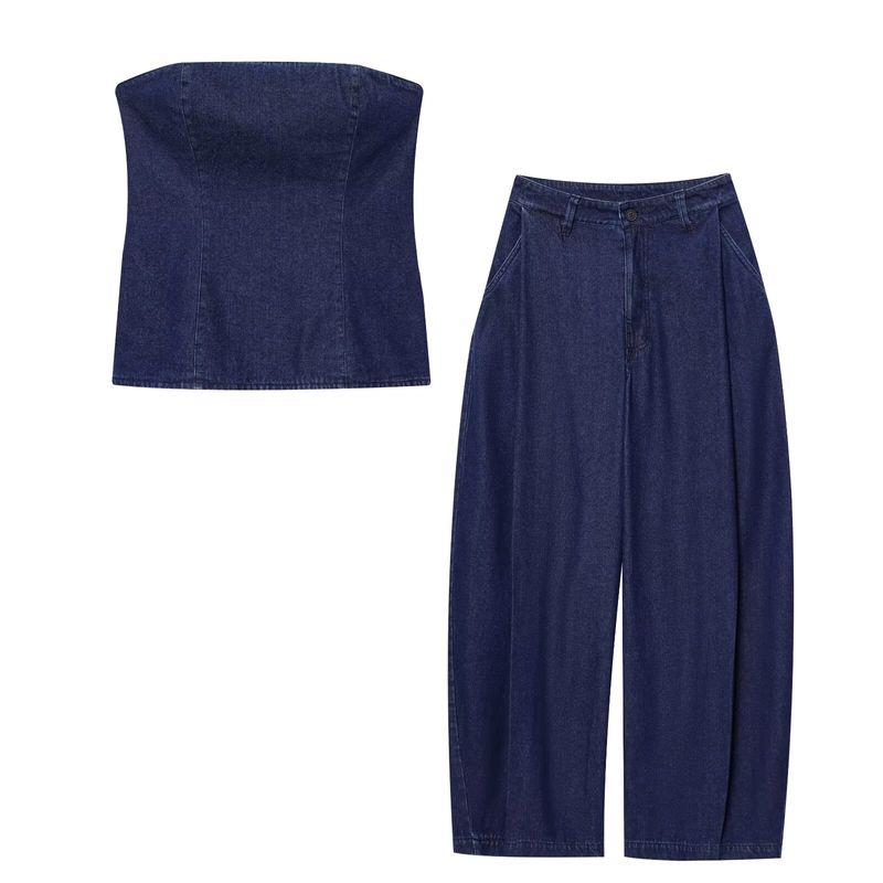 Kaslead New Women clothes Western Style Denim Chest Wrap Top Casual Pants 6929263 6929213