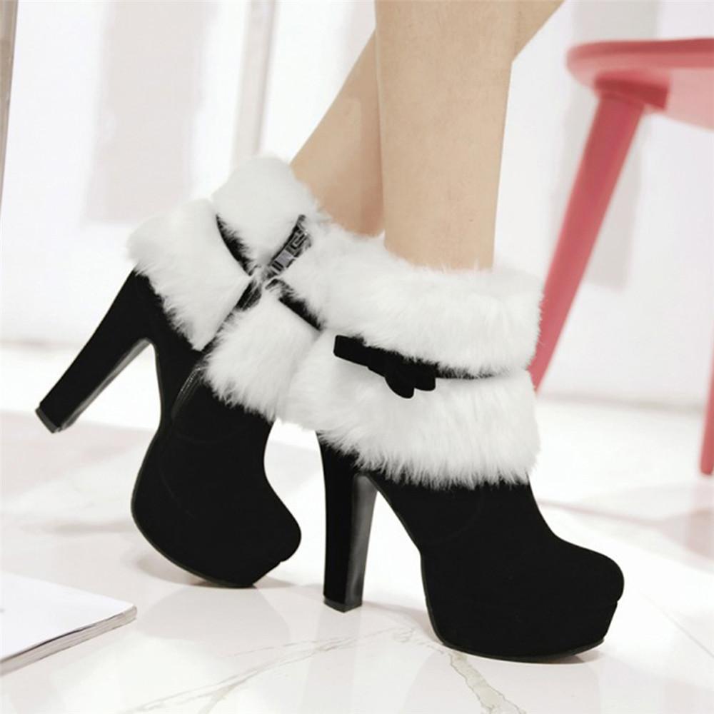 Women Winter Warm Shoes Christmas Lady Santa Claus Cosplay Shoes Red Ankle Boots High Heels Short Boots