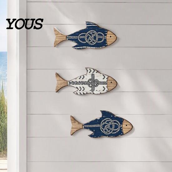 Beach House Wall Ornaments 3Pcs/Set Wooden Fish Decor, Nautical Knot Print Decorations, Coastal Vacation Home Decor Style Art for Bathroom Bedroom