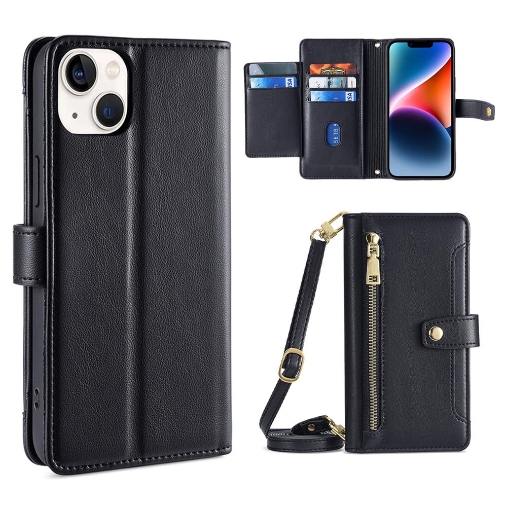 

For iPhone 14 Zipper Pocket Shockproof PU Leather Stand Case Card Slots Flip Phone Cover with Wrist Strap and Shoulder Strap Black