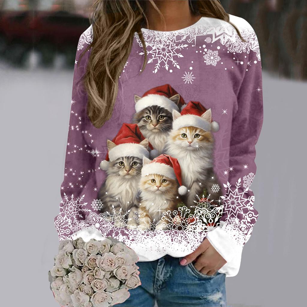 Cute Cat  3D Print Womens round-neck sweatshirt Merry Christmas Autumn Loose Casual Top Fashion Sports Womens Clothing
