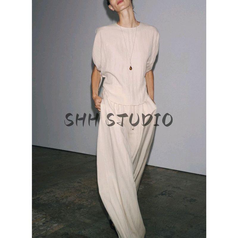 Curved Hem Puff Short Sleeve round Neck Shirt 8272447 Loose Pajamas Wind Waist Pants 8226447