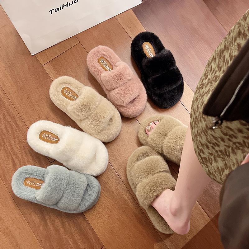 Muffin large size thick bottom height increase and fluffy slippers women wear autumn and winter fashion plush office home cotton mop
