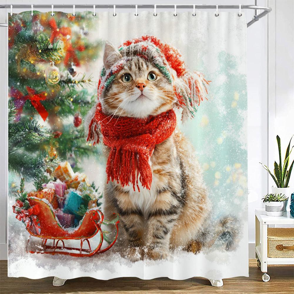 Merry Christmas Shower Curtain Christmas cat and dog Santa Claus Shower Curtains Xmas Printed fabric Decor Bathroom Curtain