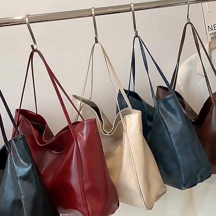 Vintage Soft PU Leather Large Capacity Women Shoulder Bag Fashion Casual Solid Color Top Handle Shopper Tote Bag MIT