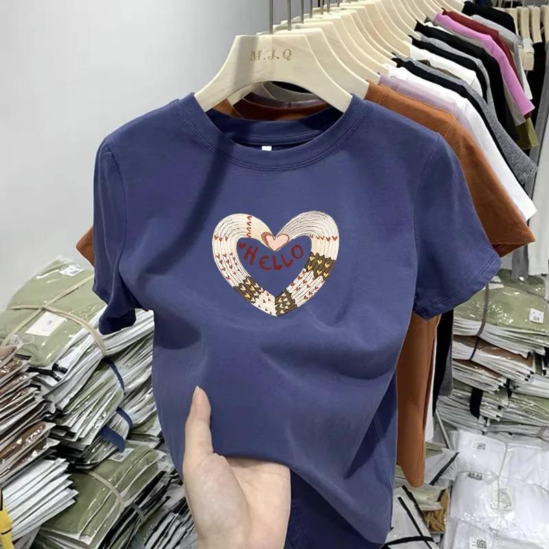 

Women s Heart Graphic Print Crew Neck Short Sleeve T-Shirt Casual HELLO Tee XL темно-синього кольору