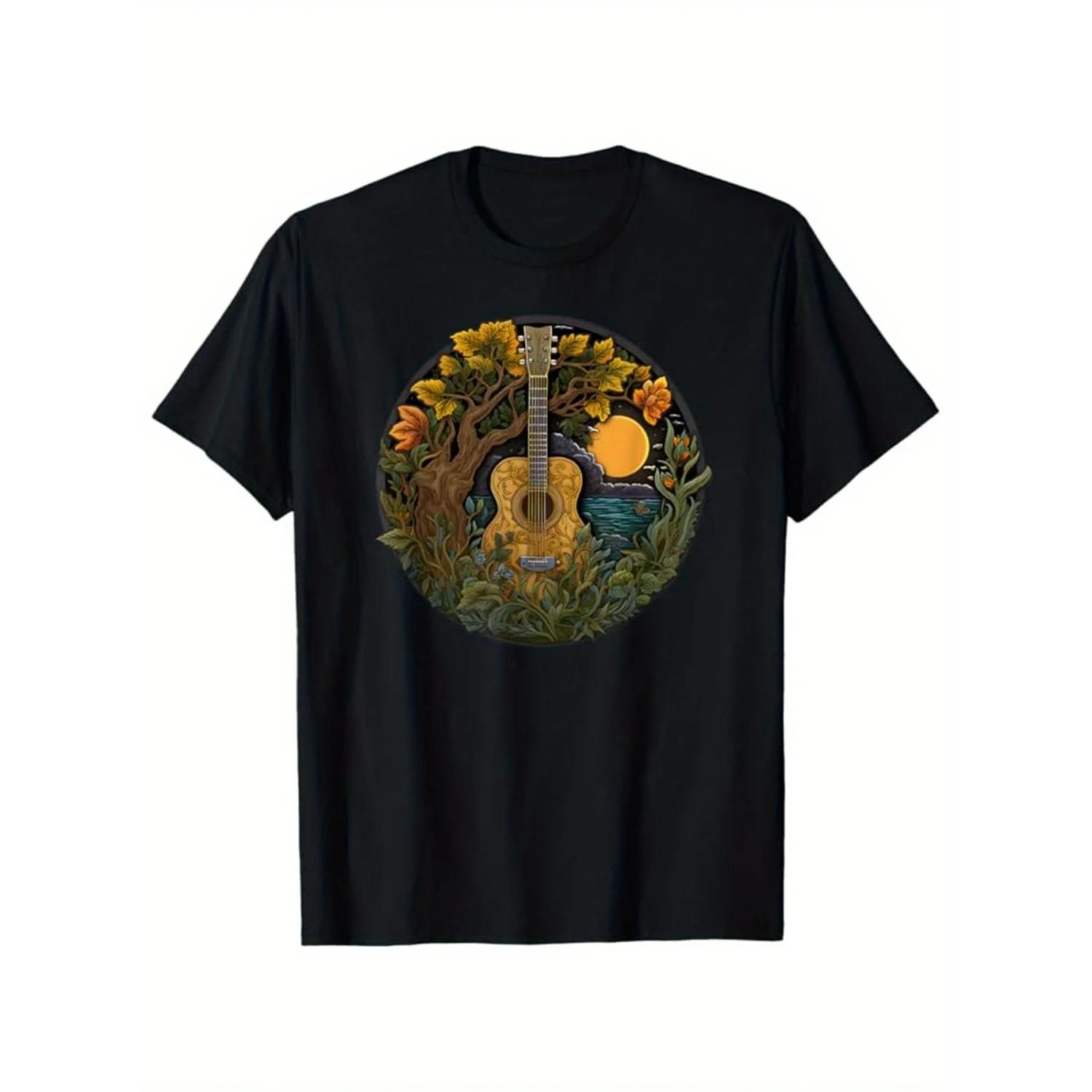 

Acoustic Guitar Nature Scene Graphic Tee Black T-Shirt Breathable Casual for Men Women S чёрный