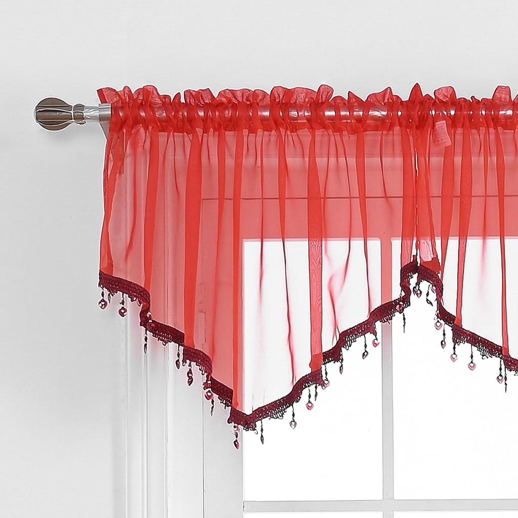 Beaded Triangle Sheer Valance Curta for Living Room,Rod Pocket Farmhouse Window Valance, Bead Trim Tassel Voile Sheer Curtain Valance for Bedroom