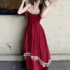 Xinjiang Yunnan Wears a Red Fringed Splicing Elegant Long Dress, Fake Two-piece Suspender Irregular Holiday Dress