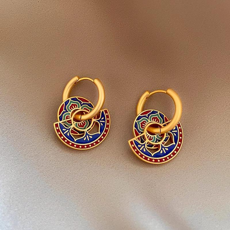 Retro Chinese Enamel Fan Earrings: Unique, High-End, Versatile Design