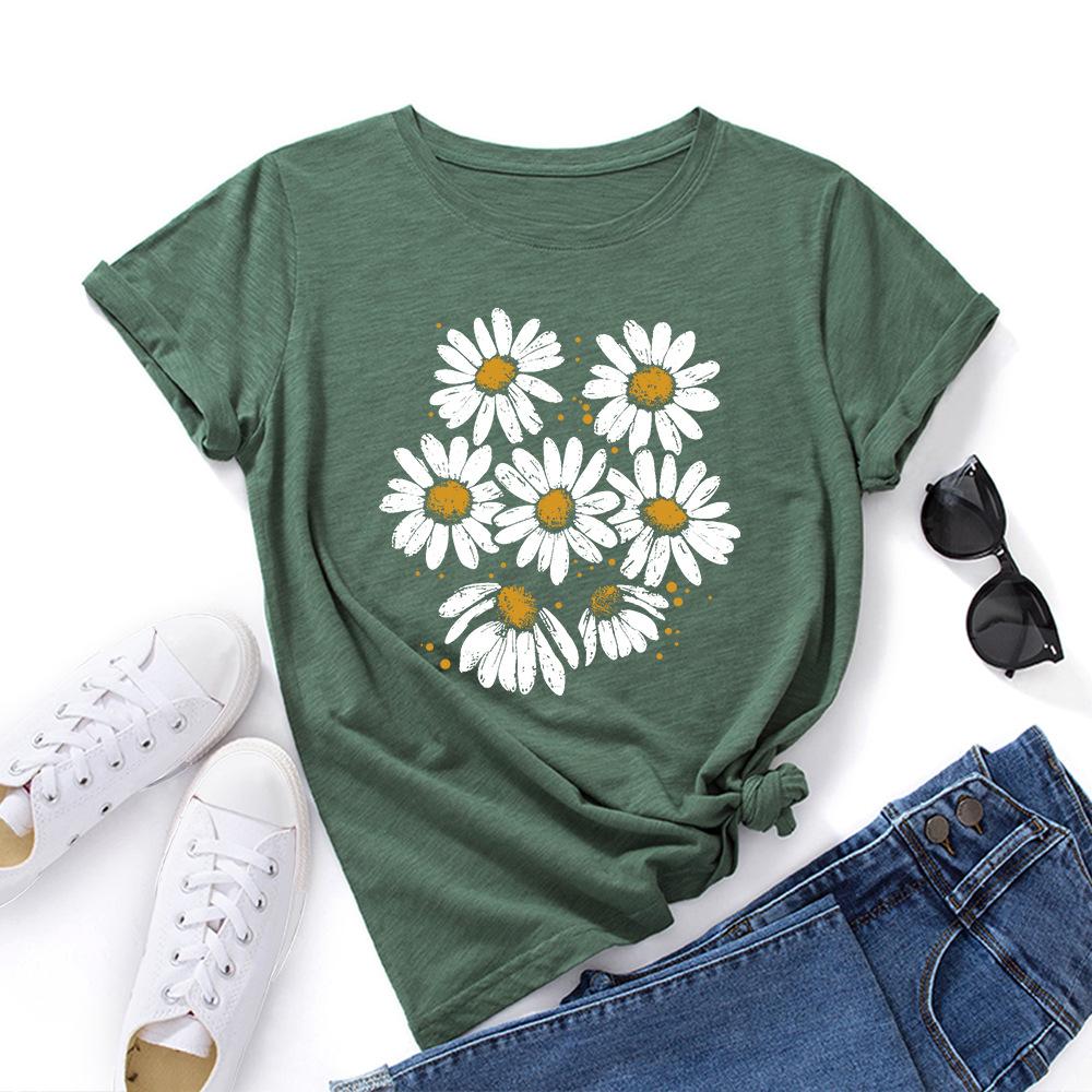 Casual Flowers Cotton T-Shirt Short Sleeve Round Neck Women 2d Print Tops