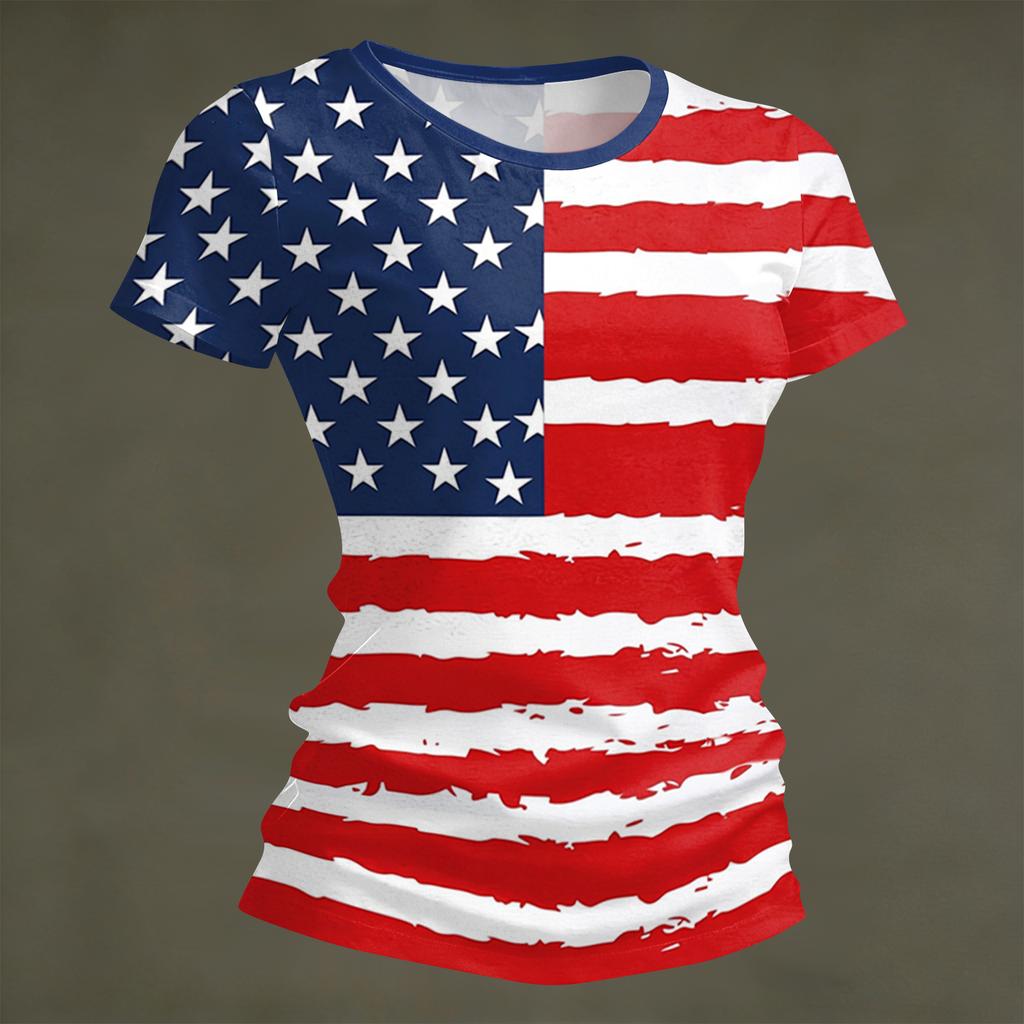 Women's Fashion Round Neck Independence Day Print Short Sleeve Loose Crewneck T-Shirt Top