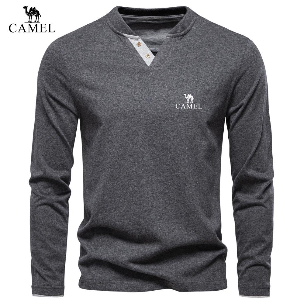 

CAMEL 2026 Autumn New Embroidery Men s Fashion Color Cotton Solid Color Long Sleeve T-shirt V-neck Casual Men s Top T-shirt S
