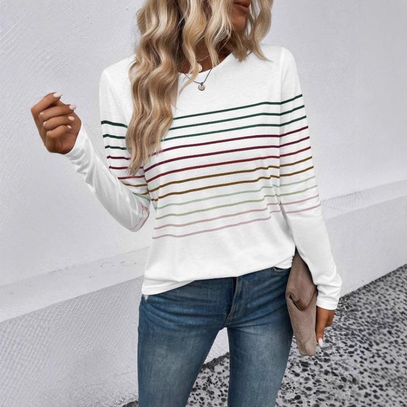 Autumn/Winter 2023 Women's Striped Crew Neck Long Sleeve T-shirt - European and American Fashion.