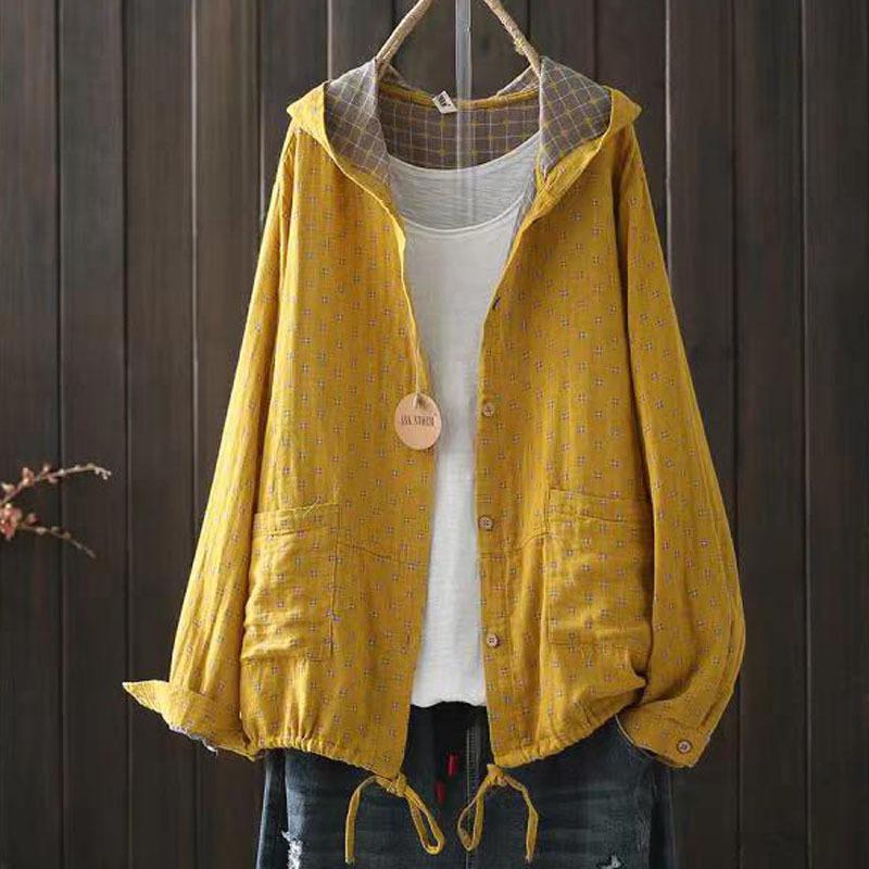 Camicette di grandi dimensioni per le donne Autunno Primavera Con cappuccio Manica lunga Monopetto Camicie a quadri Oversize Top Felpe con cappuccio da donna