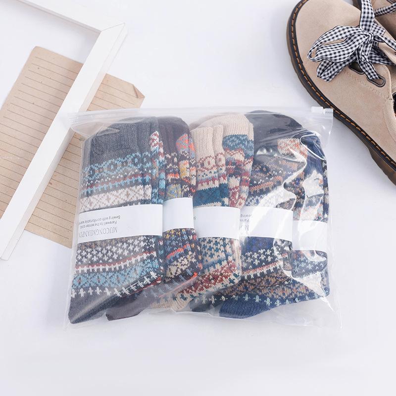 5 Pairs of Women's Autumn and Winter New Thickened Warm Ethnic Style Rabbit Wool Mid Calf Socks