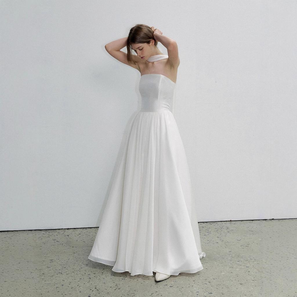 Elegant and Simple Tube Top Wedding Dress Removable Scarf Temperament Bride Travel Photography Light Wedding Dress Lawn Wedding Mori Main Dress