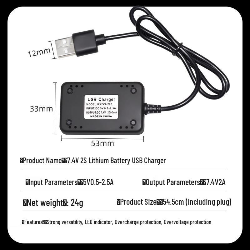 7.4V 2S Lithium Battery Balance Charger with 2A Output & Protection Indicator Light, USB-Powered