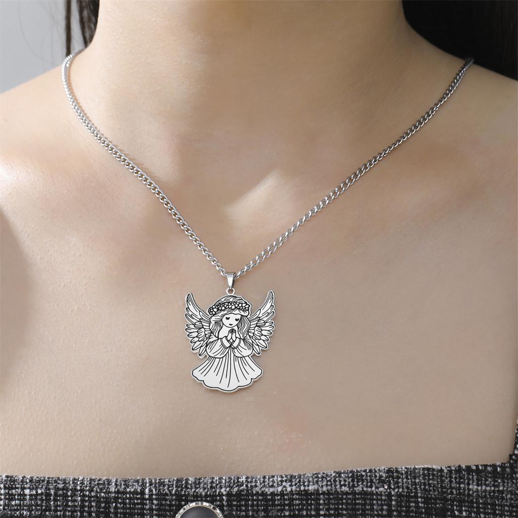  Fashion Angel Girl Necklace for Women Stainless Steel Elegant Pray Amulet Pendant Chain Birthday Jewelry Best Gift