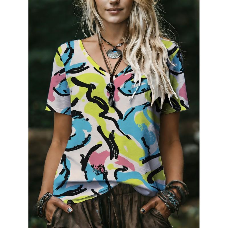 Womens V-Neck Short Sleeve Loose Fit T-Shirt With Floral Lake Scene Cartoon Bun Girl Print 2025 Casual Top