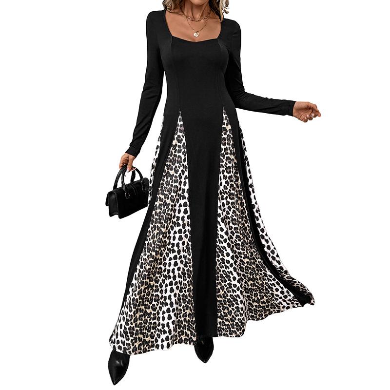 Yiyi European & American Leopard Print Color Block A-line Long Dress (2025 New, Elegant Temperament, Long Sleeve)