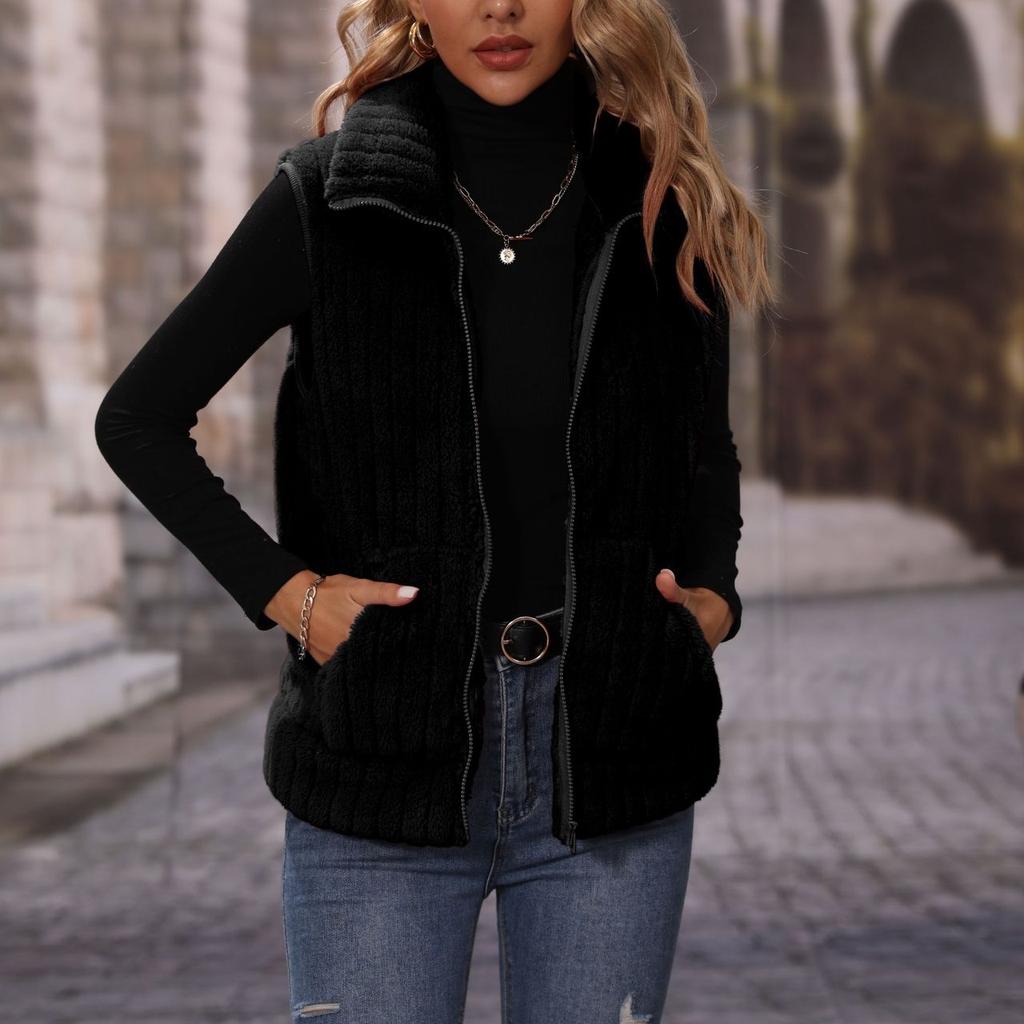 GMXIA Shimmering Fashion Autumn Women's Lapel Sleeveless Loose Striped Zipper Plush Casual Vest Coat