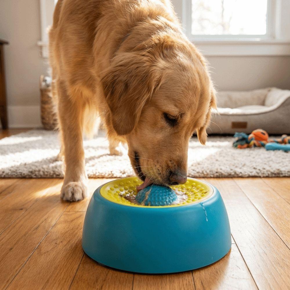 Plastic Slow Feeder Dog Bowl Food-Grade Non-Slip Dog Licking Bowl Anti-Choking with Rolling Ball Dog Treat Bowl Puppy Training