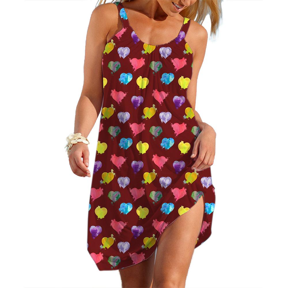Women's A-line Slip Dress Daily Wear Colorful Heart Graphic Clothing Female Casual Clothes Sale Woman Loose Lady Soft Dresses