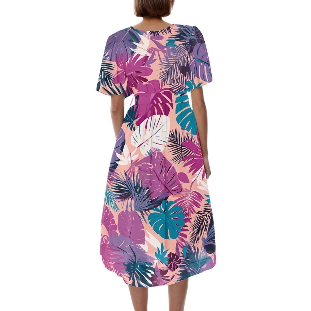 Women V Neck Short Sleeve Casual Dress Retro Floral Print Midi Dress Lightweight Summer Dress with Flared Hem
