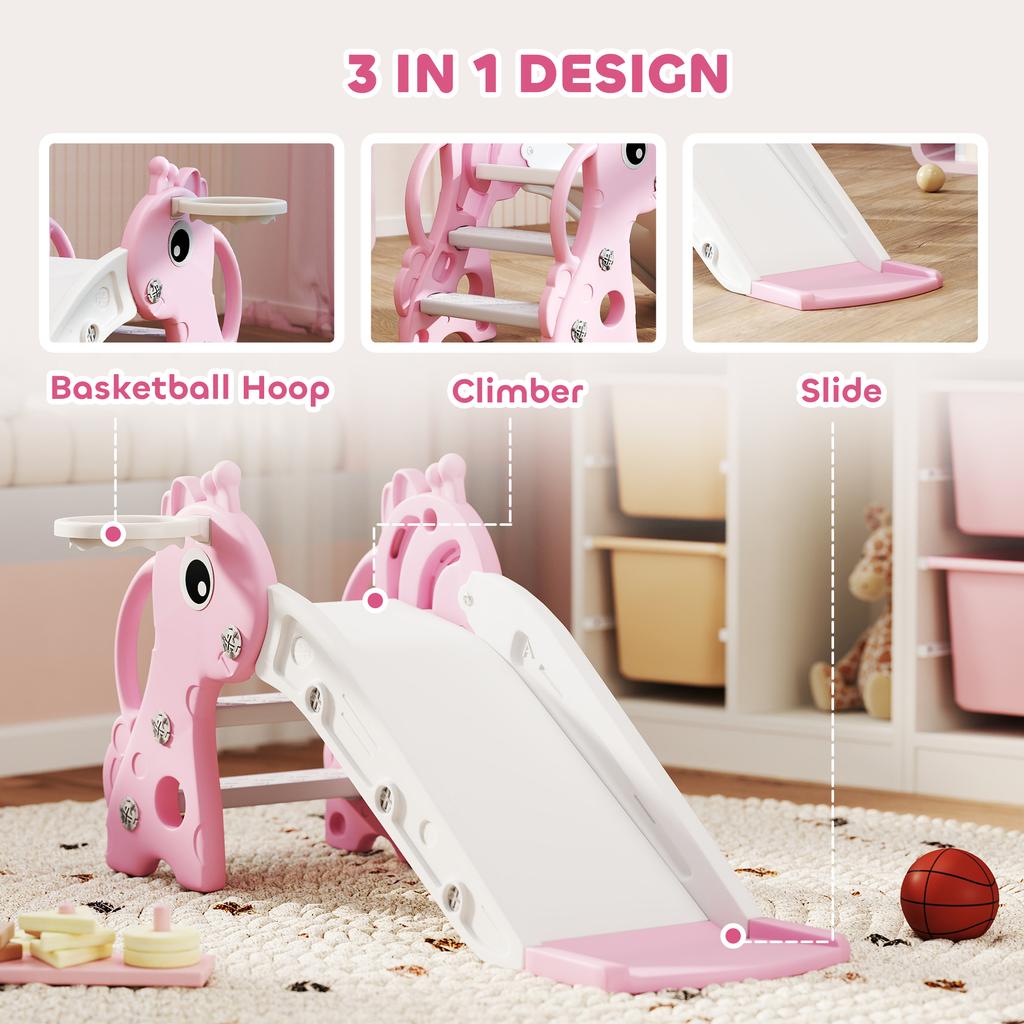 3 In 1 Kids Slide With Climber Basketball Hoop And Ball Giraffe Shape Climber Slide For Indoor Kids Age 1 3 Pink
