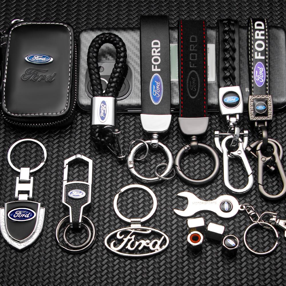 AAAMT1 For Ford Mustang Focus Transit 1Pcs Metal Leather Keychain Ring Edge Fiesta Escape Kuga Mondeo Fusion Ranger Auto Accessories
