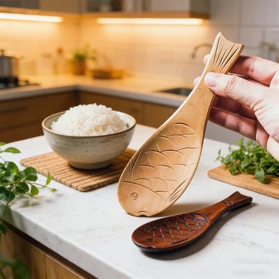 Creative Gift Idea Japanese Fish Design Wooden Rice Scoop, Non-Stick Rice Shovel for Sushi or Everyday Meals, Kitchen Essential