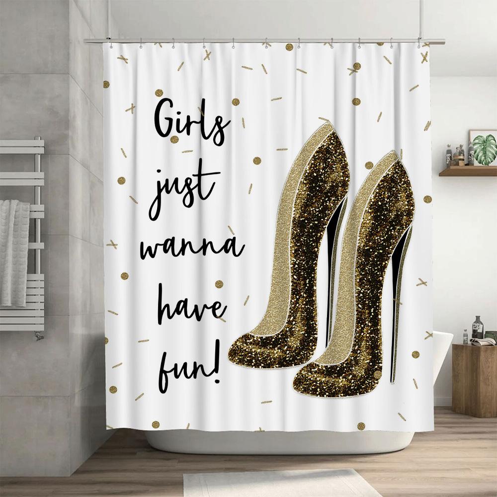 Luxurious Golden High Heel Design Waterproof Shower Curtain For Bathroom Decoration Girls Just Wanna Have Fun