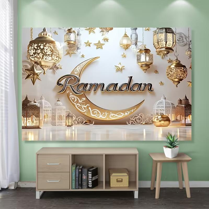 2D Ramadan Crescent Moon & Lantern Backdrop for Home Decor